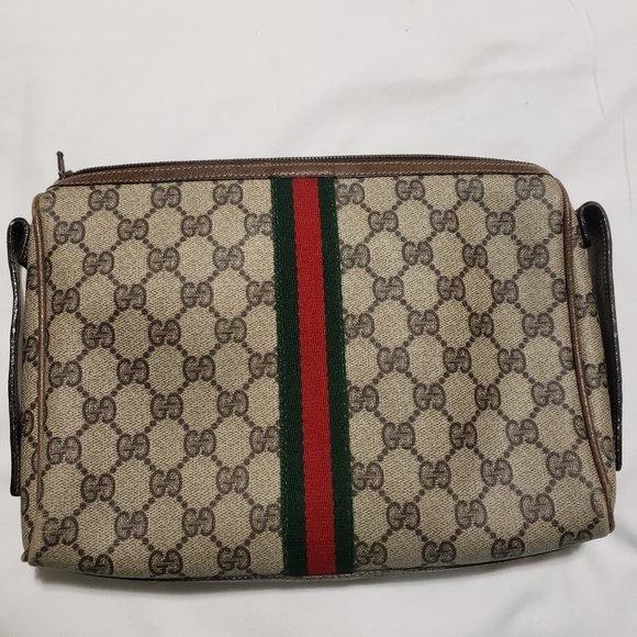 Gucci Vintage Sherry Line GG Web PVC Canvas Leather Brown Clutch Bag Authentic - Picture 2 of 5